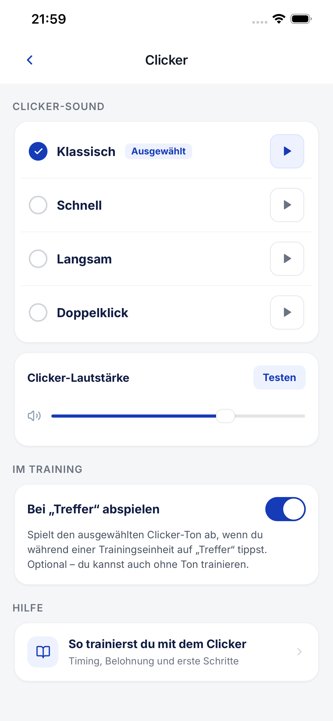 Clicker-Einstellungen mit Sound und Lautstärke