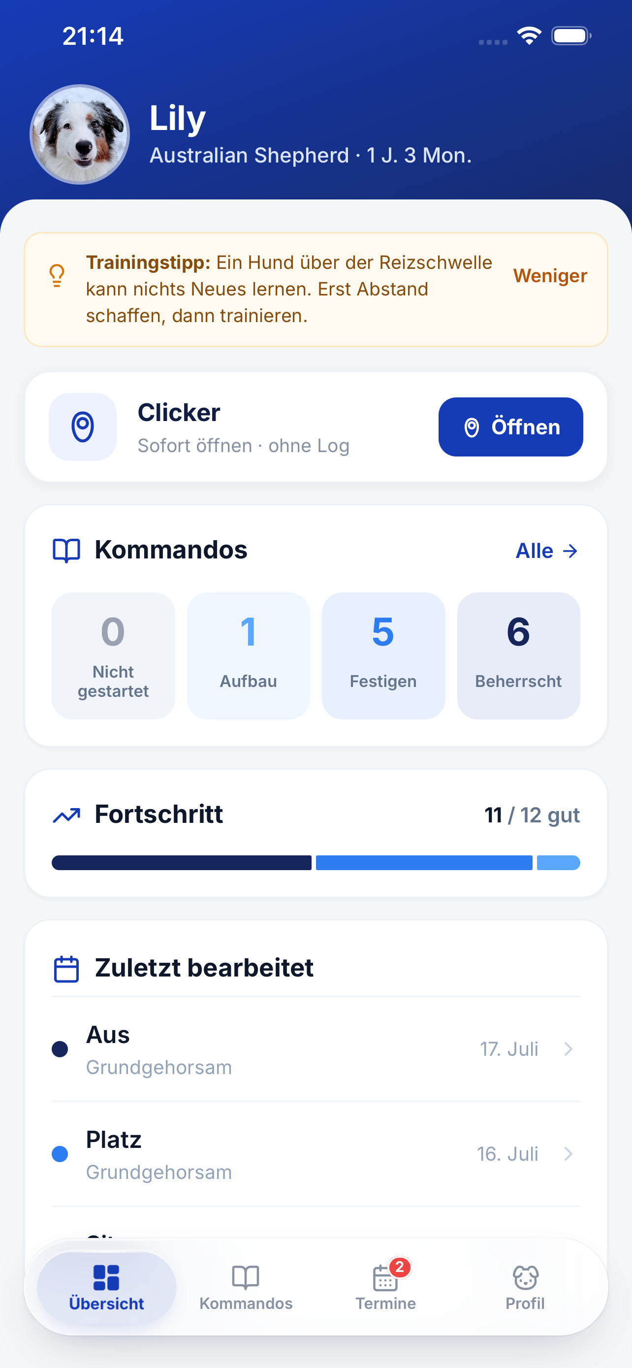 DogPass Übersicht mit Lily, Clicker, Kommandos und Fortschritt