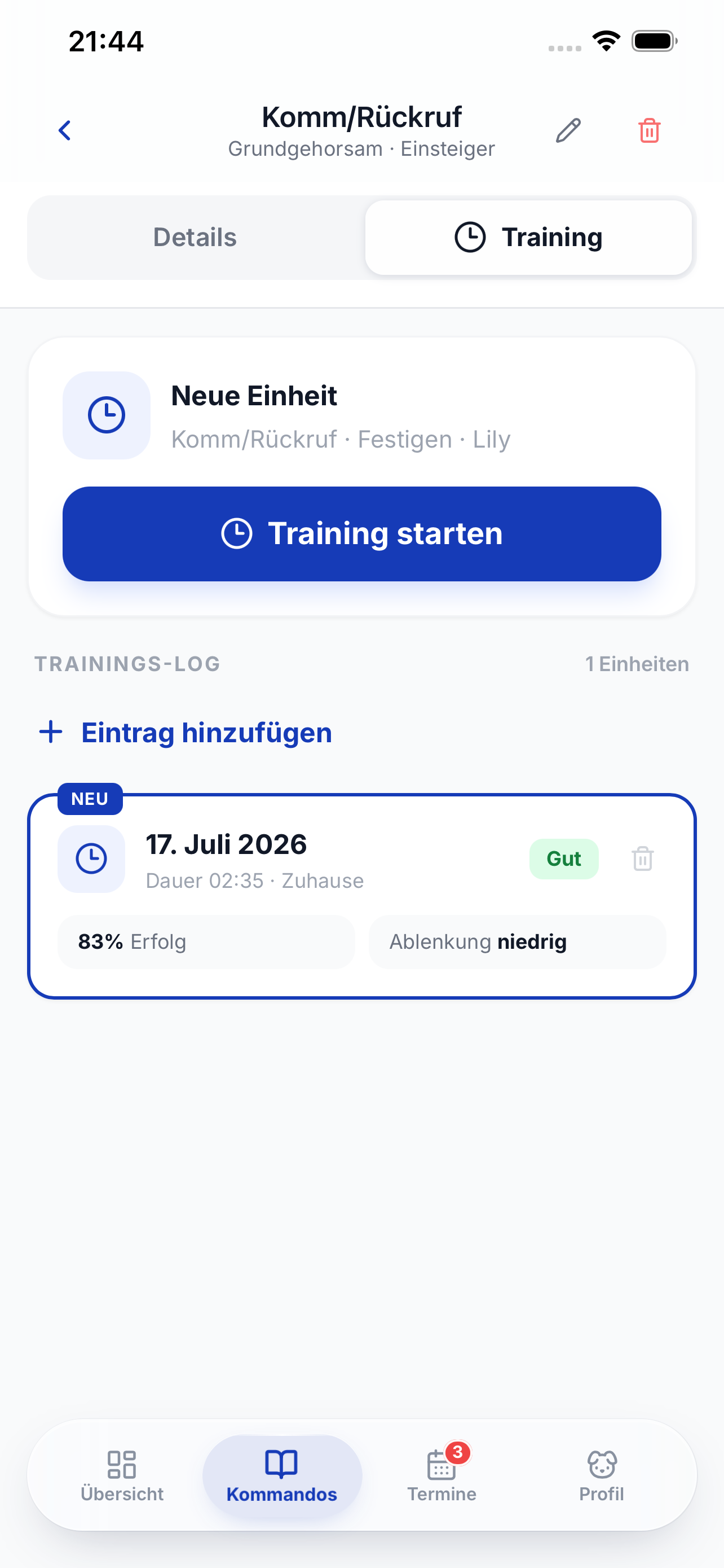 Kommando mit Training starten und Trainings-Log