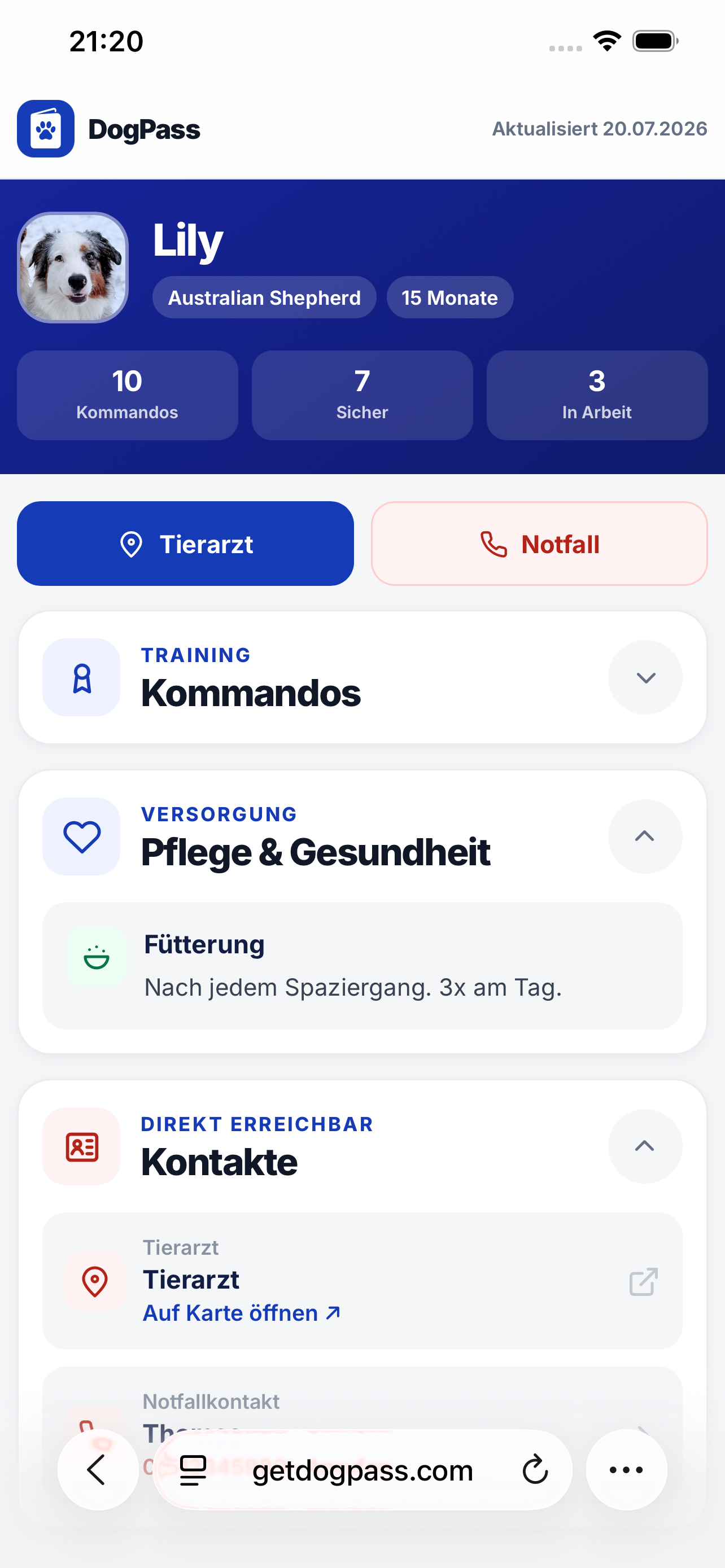 Geteilter Hunde-Steckbrief im mobilen Browser