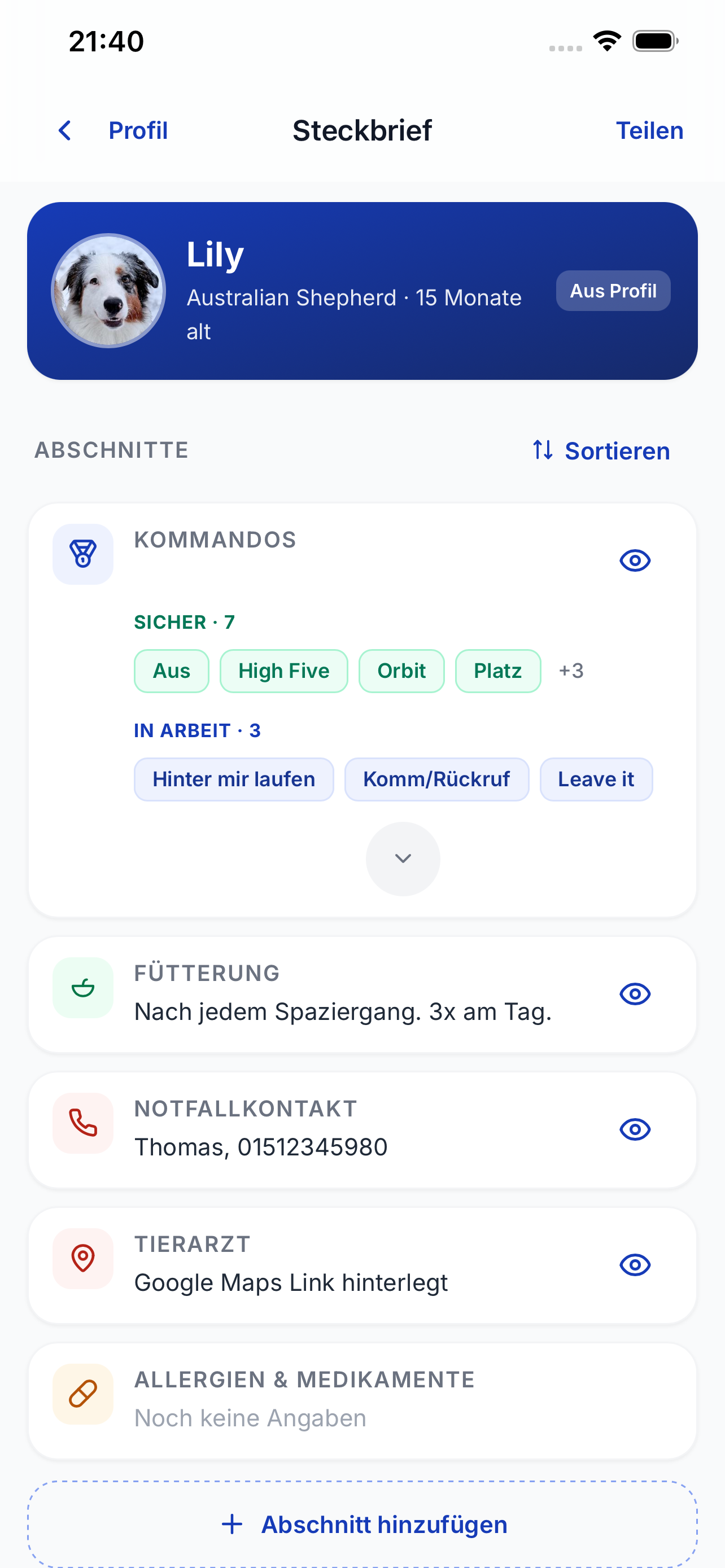 Hunde-Steckbrief in der App