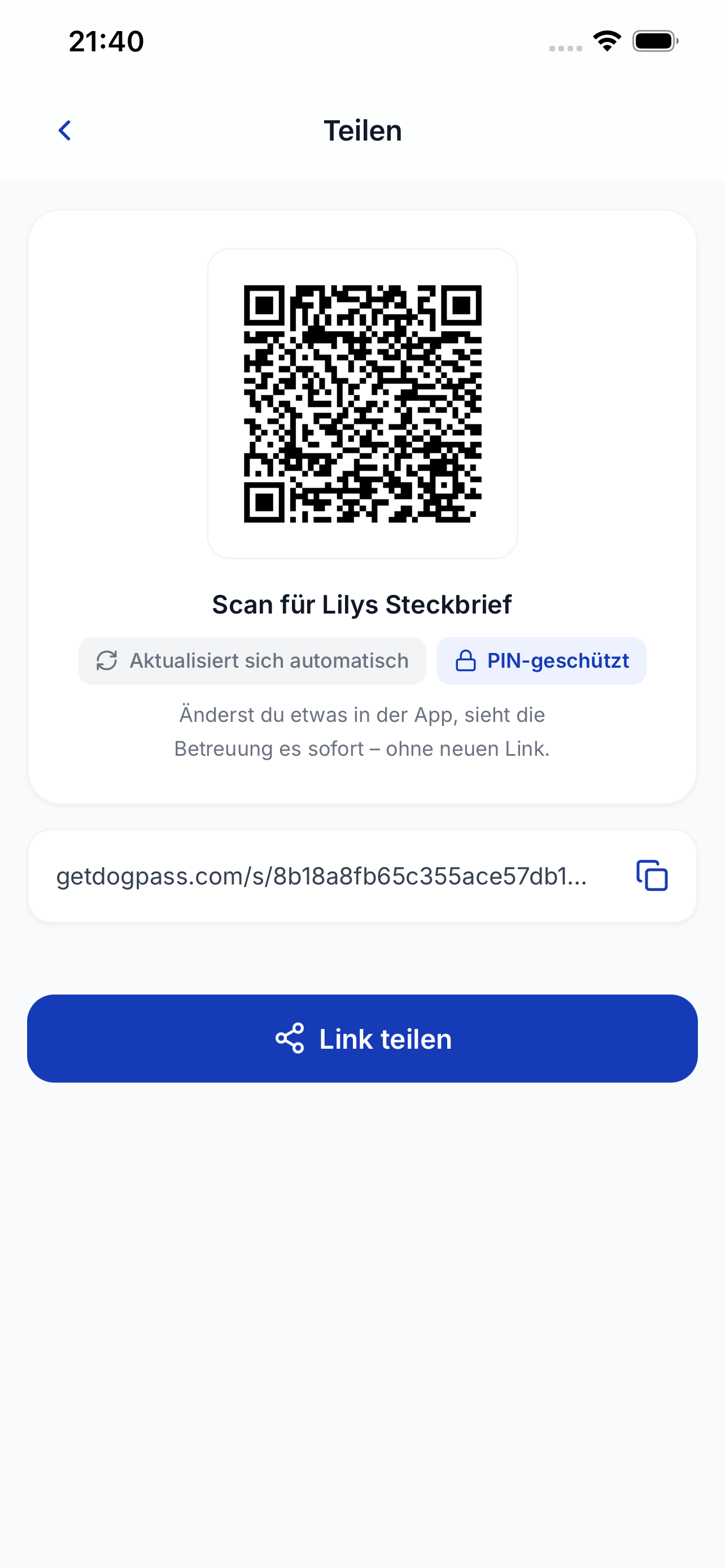 Steckbrief teilen mit QR-Code und PIN-Schutz